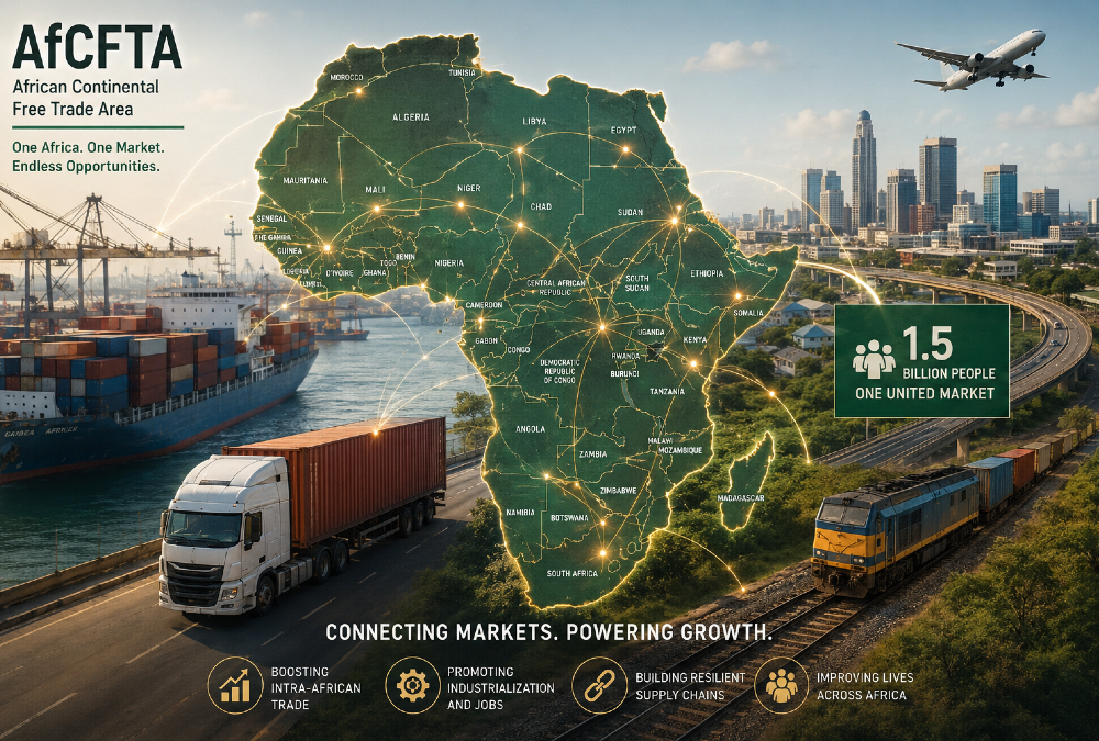 Illustration of Africa’s Continental Free Trade Area (AfCFTA) transforming intra-African trade, showing connected African countries, cargo ships, trucks, and trade routes symbolizing a unified 1.5 billion-person market driving economic growth and regional integration.