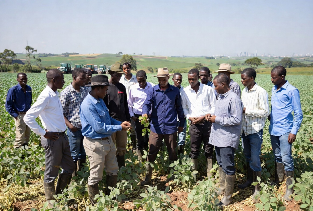 African farmers learning sustainable agriculture practices in Brazil, soybean production growth, no-till farming systems, and global agricultural collaboration in São Paulo