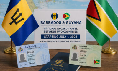 Barbadian and Guyanese national ID cards on a map of the Caribbean, symbolizing passport-free travel between the two countries starting July 1, 2026