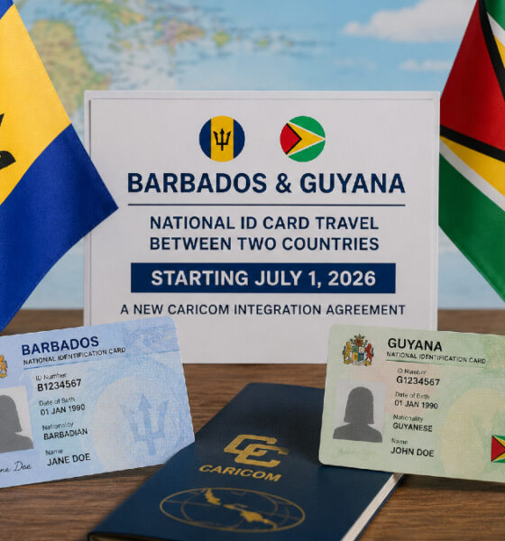Barbadian and Guyanese national ID cards on a map of the Caribbean, symbolizing passport-free travel between the two countries starting July 1, 2026