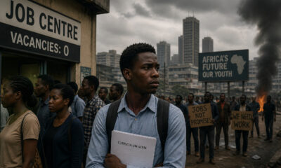 Illustration of Africa’s rising youth unemployment crisis highlighting educated young people facing limited job opportunities and growing political and economic instability across the continent.
