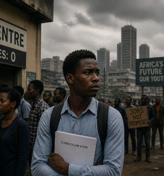 Illustration of Africa’s rising youth unemployment crisis highlighting educated young people facing limited job opportunities and growing political and economic instability across the continent.