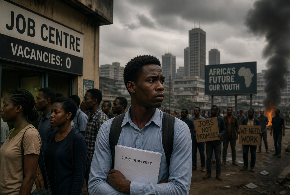Illustration of Africa’s rising youth unemployment crisis highlighting educated young people facing limited job opportunities and growing political and economic instability across the continent.