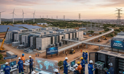 African AI infrastructure development concept showing data centers, power grids, and engineers building artificial intelligence systems across Africa, symbolizing digital transformation, data sovereignty, and economic independence.