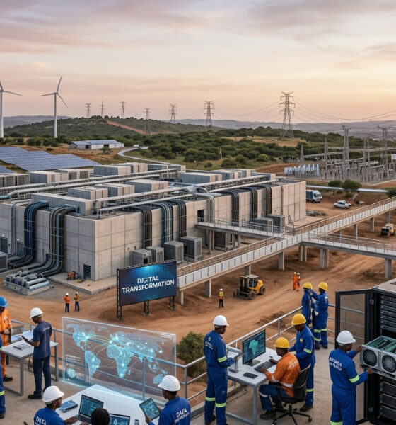 African AI infrastructure development concept showing data centers, power grids, and engineers building artificial intelligence systems across Africa, symbolizing digital transformation, data sovereignty, and economic independence.