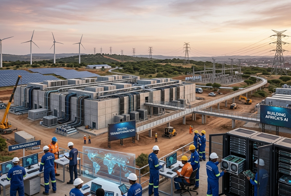 African AI infrastructure development concept showing data centers, power grids, and engineers building artificial intelligence systems across Africa, symbolizing digital transformation, data sovereignty, and economic independence.
