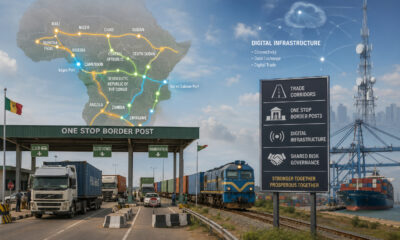 Conceptual illustration of African regional integration resilience: interconnected trade corridors, One Stop Border Posts, and digital infrastructure linking landlocked economies to ports, symbolizing functional cooperation and shared risk governance across the continent.
