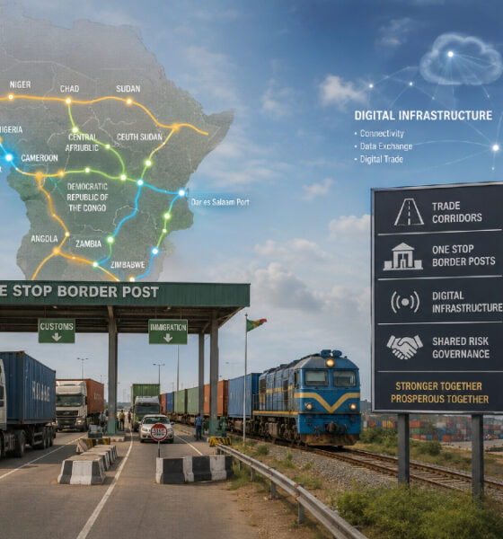 Conceptual illustration of African regional integration resilience: interconnected trade corridors, One Stop Border Posts, and digital infrastructure linking landlocked economies to ports, symbolizing functional cooperation and shared risk governance across the continent.