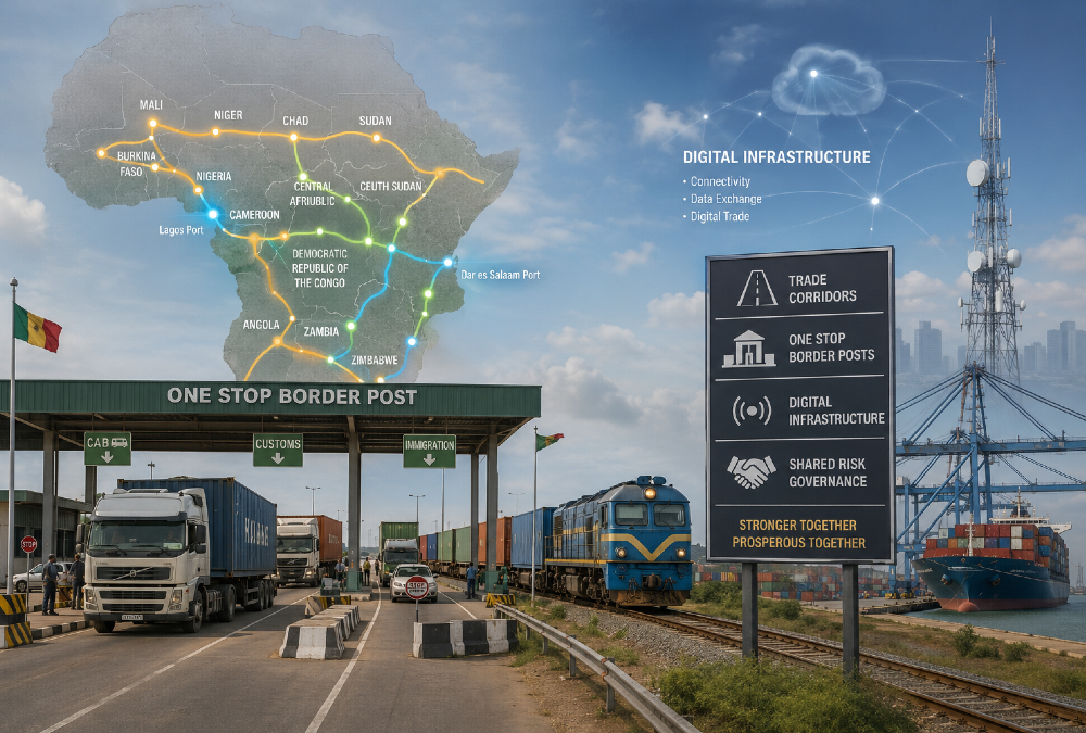 Conceptual illustration of African regional integration resilience: interconnected trade corridors, One Stop Border Posts, and digital infrastructure linking landlocked economies to ports, symbolizing functional cooperation and shared risk governance across the continent.