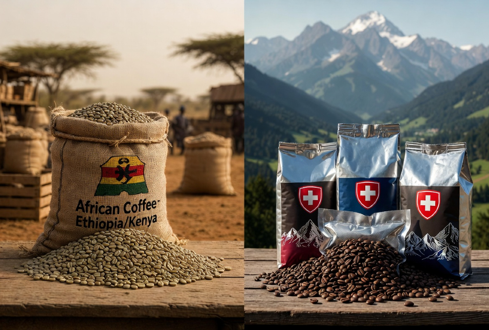 Raw green coffee beans exported from Africa versus roasted packaged coffee from Switzerland