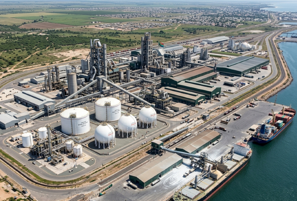 Aerial view of a large modern fertilizer plant complex in Africa with natural gas storage tanks and shipping port, symbolizing the continent's shift from fertilizer import dependency to domestic manufacturing for food security and industrial growth.