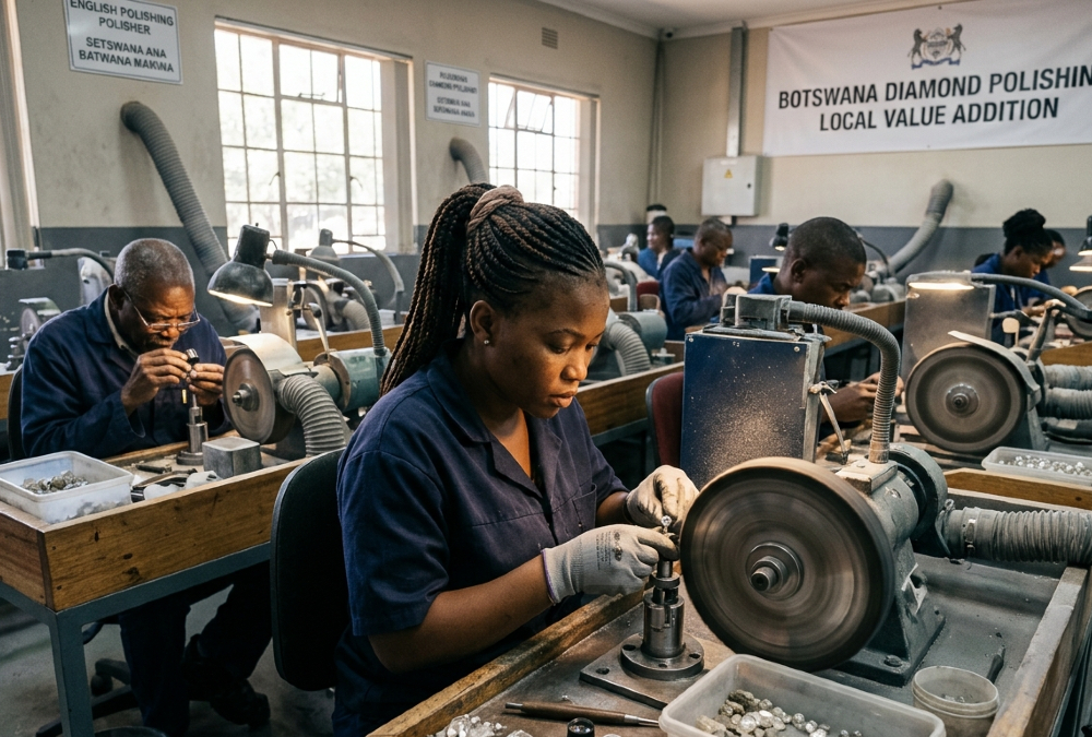 Artisans polishing diamonds in Botswana, showcasing the country's economic strategy to capture local value.