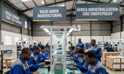 Modern manufacturing assembly line inside an African Special Economic Zone (SEZ), an example of value-added manufacturing under Africa industrialization zero tariffs policy