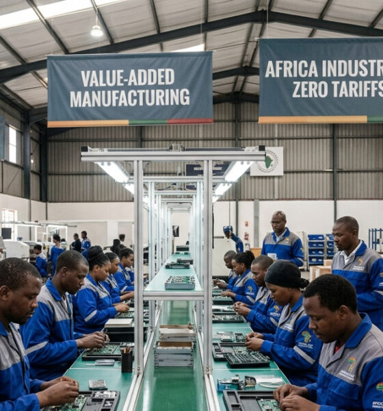 Modern manufacturing assembly line inside an African Special Economic Zone (SEZ), an example of value-added manufacturing under Africa industrialization zero tariffs policy