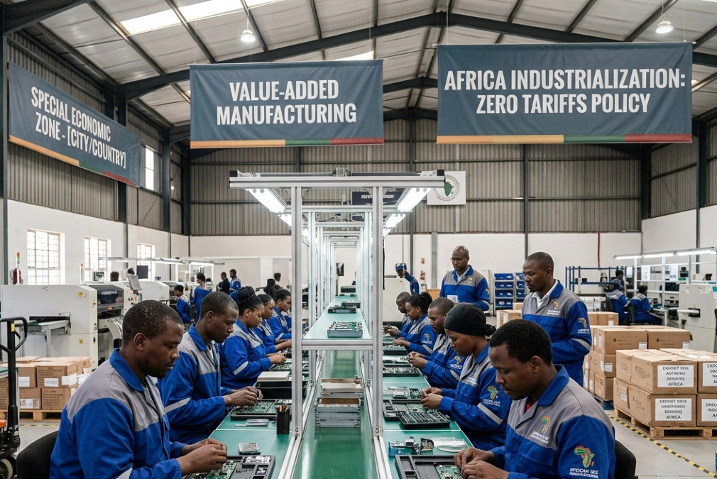 Modern manufacturing assembly line inside an African Special Economic Zone (SEZ), an example of value-added manufacturing under Africa industrialization zero tariffs policy