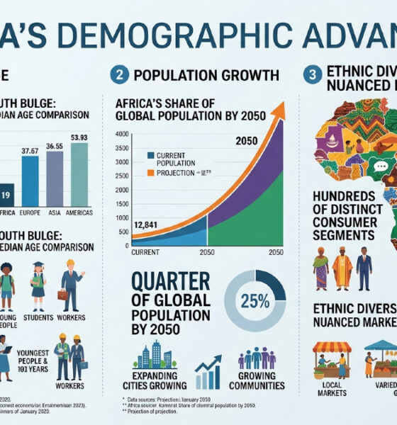 Africa's demographic advantage - median age 19 years, quarter of global population by 2050, and ethnic diversity requiring nuanced market entry strategies across hundreds of distinct consumer segments