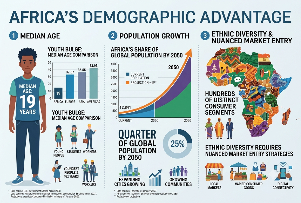 Africa's demographic advantage - median age 19 years, quarter of global population by 2050, and ethnic diversity requiring nuanced market entry strategies across hundreds of distinct consumer segments