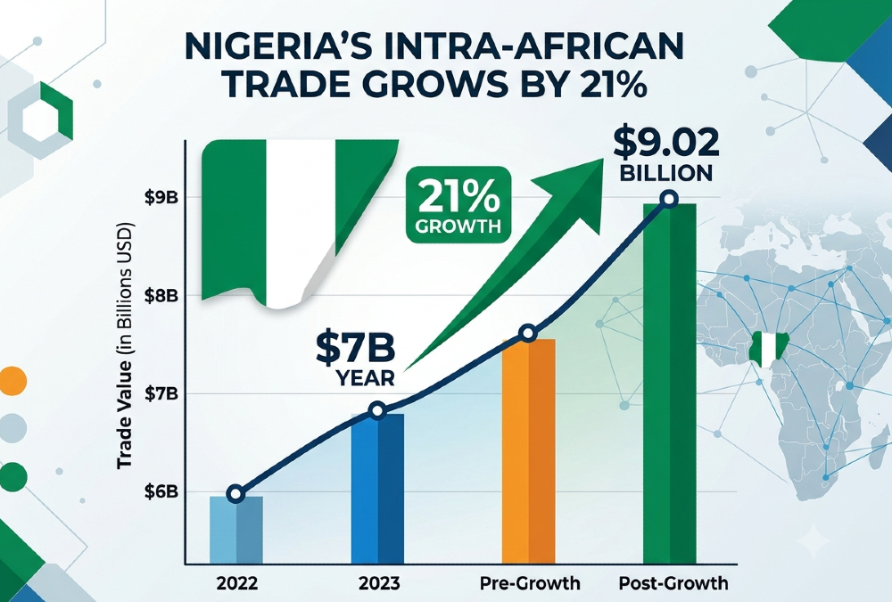 Chart showing the 21% growth of Nigeria intra-African trade to $9.02 billion. Include image of Nigerian Flag