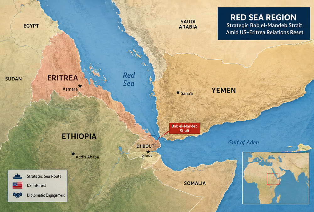 Red Sea region map showing Eritrea, Ethiopia, and Yemen amid US-Eritrea relations reset.