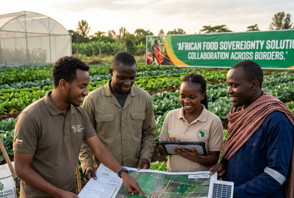 Young African agribusiness professionals collaborating on food sovereignty solutions across borders