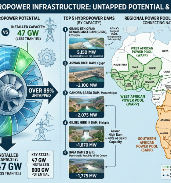 Infographic showing Africa's hydropower infrastructure: 47 GW installed capacity representing less than 11% of 600 GW potential, featuring top 5 dams including Ethiopia's 5,150 MW GERD, and regional power pools (SAPP, EAPP, WAPP) connecting national grids across the continent.