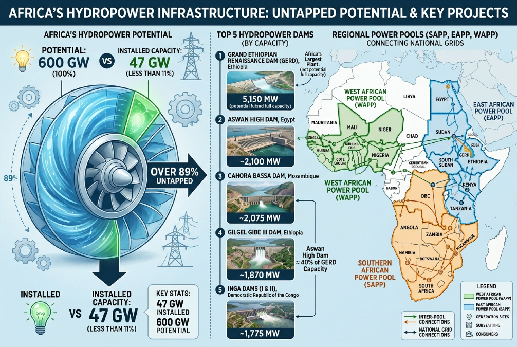 Infographic showing Africa's hydropower infrastructure: 47 GW installed capacity representing less than 11% of 600 GW potential, featuring top 5 dams including Ethiopia's 5,150 MW GERD, and regional power pools (SAPP, EAPP, WAPP) connecting national grids across the continent.