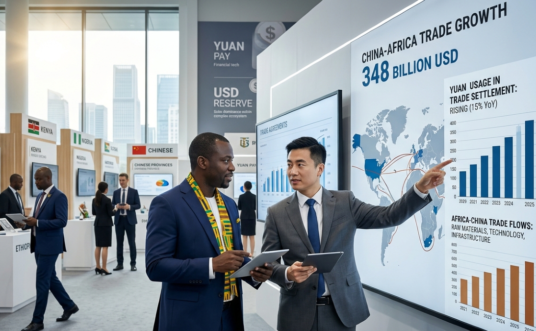 China-Africa trade growth showing $348 billion economic ties, highlighting rising yuan usage, global trade flows, and continued U.S. dollar dominance in a shifting multipolar economic order