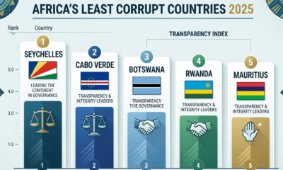 Bar chart displaying Africa's least corrupt countries 2025: Seychelles, Cabo Verde, Botswana, Rwanda, and Mauritius leading the continent