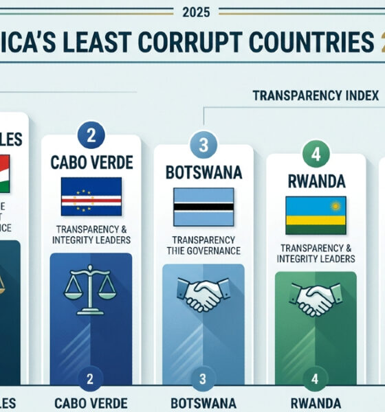 Bar chart displaying Africa's least corrupt countries 2025: Seychelles, Cabo Verde, Botswana, Rwanda, and Mauritius leading the continent