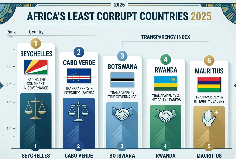 Bar chart displaying Africa's least corrupt countries 2025: Seychelles, Cabo Verde, Botswana, Rwanda, and Mauritius leading the continent