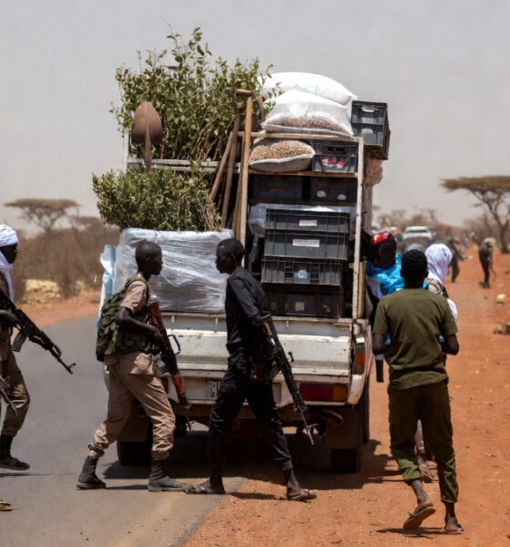 Armed militants on a dusty Sahel road blocking a humanitarian vehicle carrying tree-planting supplies and Ebola response equipment, symbolizing how armed groups obstruct climate and health projects in Africa.