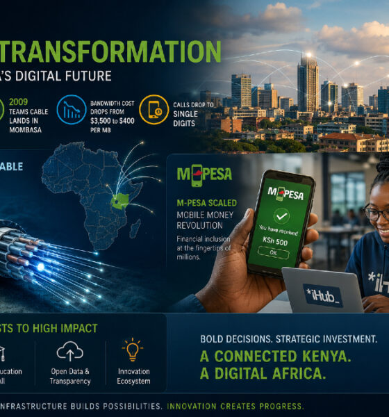 Kenya’s digital transformation story showing Africa AI infrastructure development, undersea fiber-optic cables, reduced bandwidth costs, and the rise of innovation hubs like M-Pesa and iHub driving Africa’s digital economy.