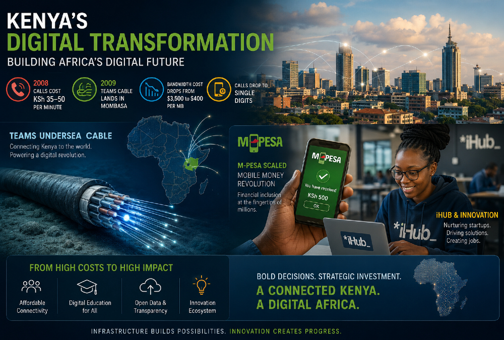 Kenya’s digital transformation story showing Africa AI infrastructure development, undersea fiber-optic cables, reduced bandwidth costs, and the rise of innovation hubs like M-Pesa and iHub driving Africa’s digital economy.