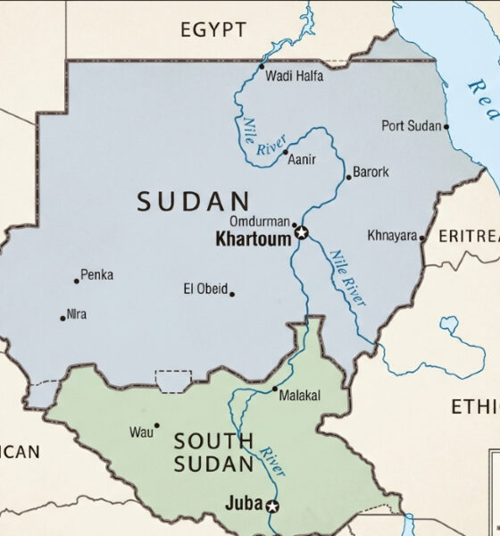 A political map of Sudan and South Sudan highlighting their shared border, the Nile River, and key cities including Khartoum and Juba, representing the two nations' divided yet interconnected histories and futures.