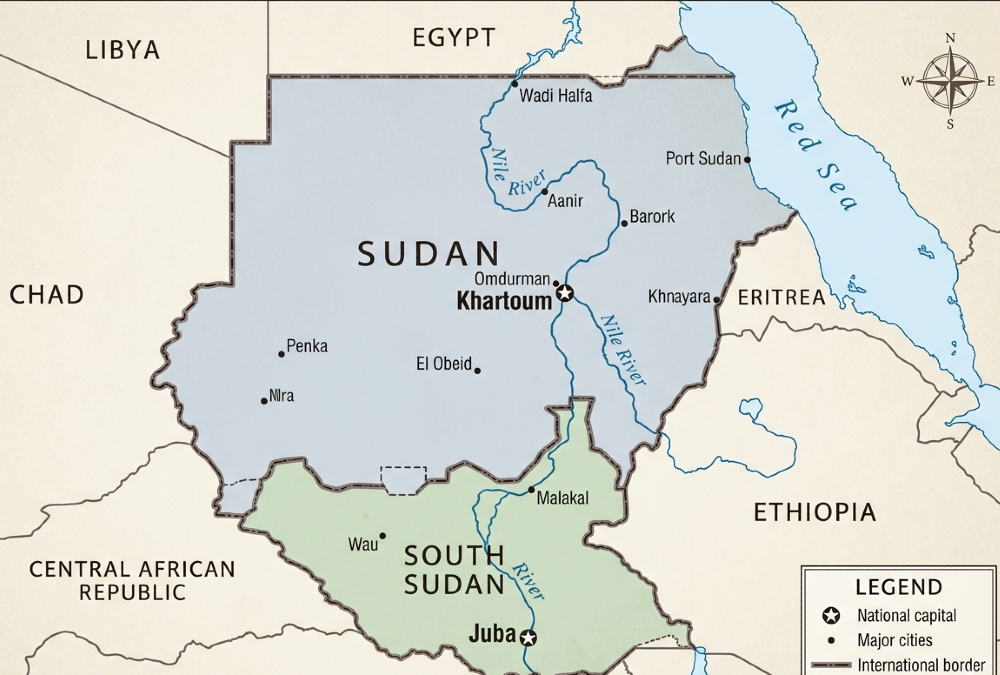 A political map of Sudan and South Sudan highlighting their shared border, the Nile River, and key cities including Khartoum and Juba, representing the two nations' divided yet interconnected histories and futures.