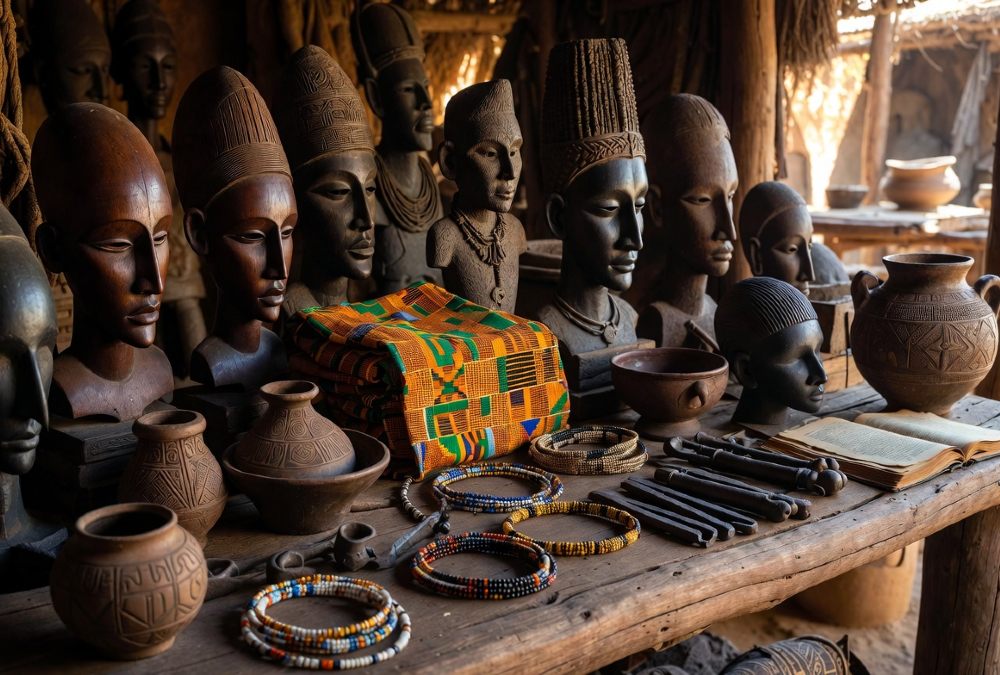 Traditional African artifacts representing the need to preserve African cultural continuity beyond mere decorative performance.