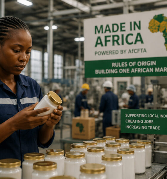 African factory worker inspecting locally manufactured goods, highlighting the "Made in Africa" initiative driven by AfCFTA Rules of Origin.