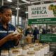 African factory worker inspecting locally manufactured goods, highlighting the "Made in Africa" initiative driven by AfCFTA Rules of Origin.