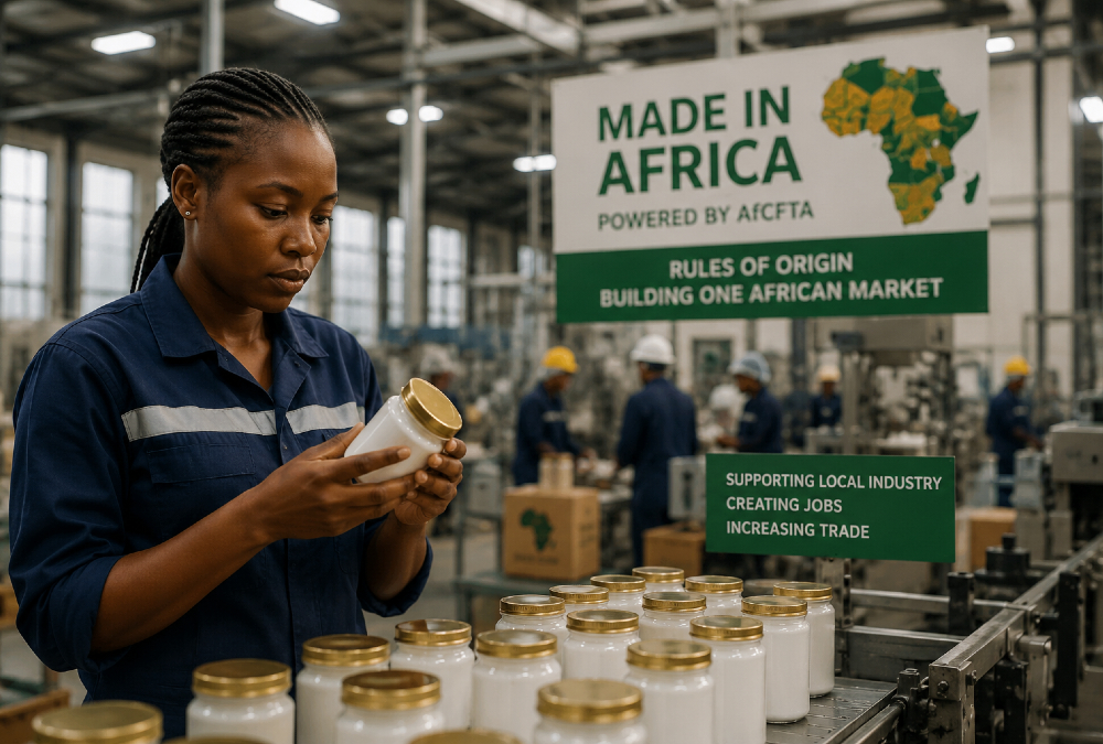 African factory worker inspecting locally manufactured goods, highlighting the "Made in Africa" initiative driven by AfCFTA Rules of Origin.