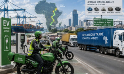 Electric motorcycles and charging stations in an African city alongside cargo trucks moving goods from East African ports to Central Africa, illustrating Africa’s EV ecosystem, critical minerals, and regional trade logistics opportunity