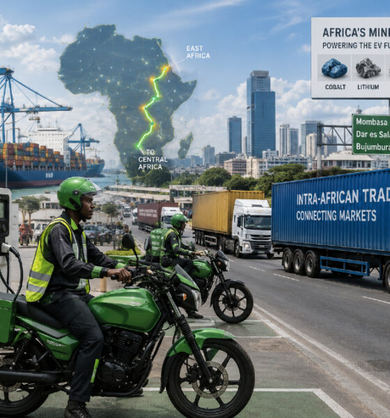 Electric motorcycles and charging stations in an African city alongside cargo trucks moving goods from East African ports to Central Africa, illustrating Africa’s EV ecosystem, critical minerals, and regional trade logistics opportunity