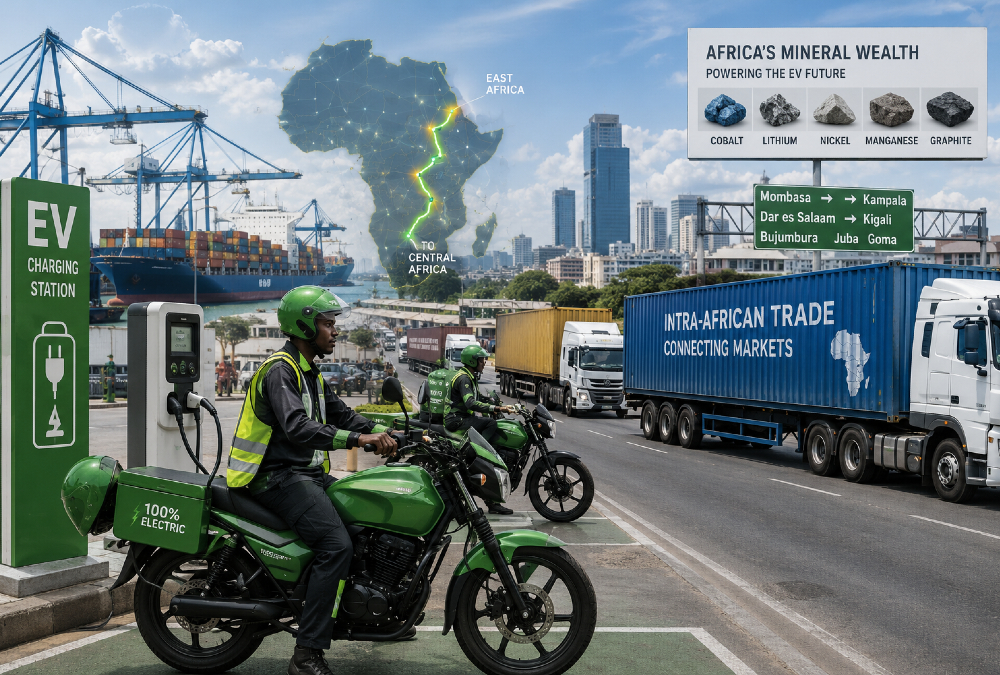 Electric motorcycles and charging stations in an African city alongside cargo trucks moving goods from East African ports to Central Africa, illustrating Africa’s EV ecosystem, critical minerals, and regional trade logistics opportunity