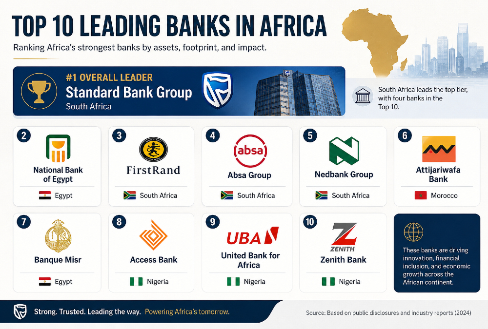 Infographic of the ten leading banks in Africa led by South Africa's Standard Bank Group