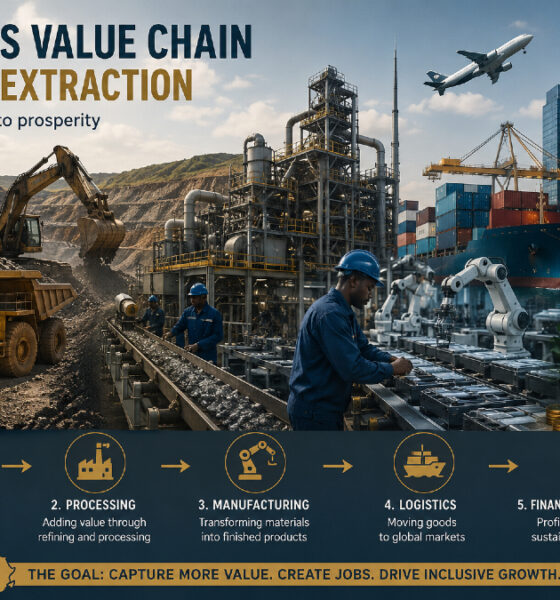 Africa value chain illustration showing raw mineral extraction, industrial processing, manufacturing, logistics networks, and financial systems highlighting value capture beyond natural resources