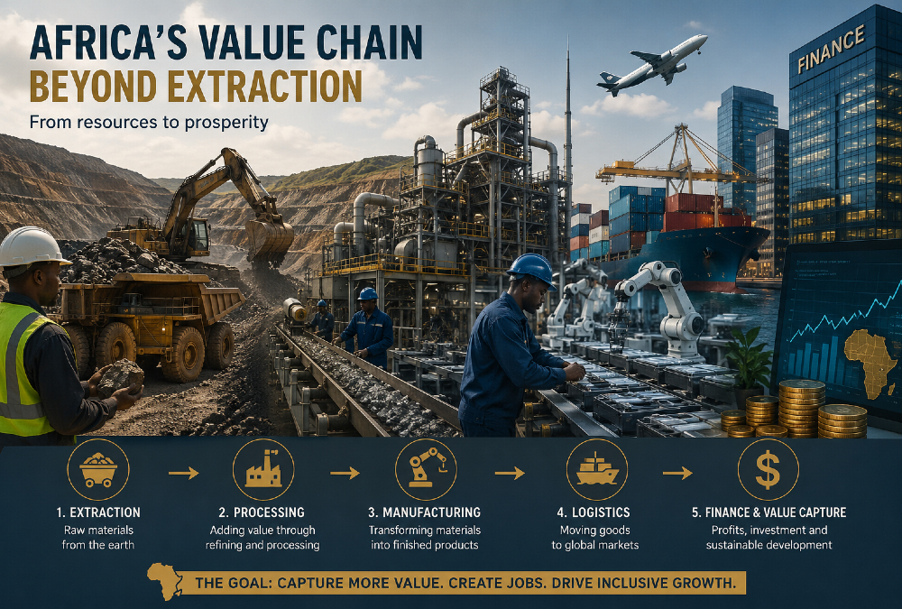 Africa value chain illustration showing raw mineral extraction, industrial processing, manufacturing, logistics networks, and financial systems highlighting value capture beyond natural resources