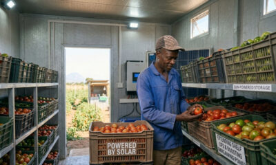 African farmer inspecting tomatoes inside a solar cold room, extending shelf life and improving market bargaining power