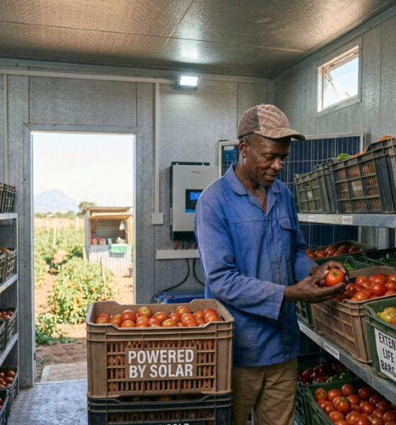 African farmer inspecting tomatoes inside a solar cold room, extending shelf life and improving market bargaining power