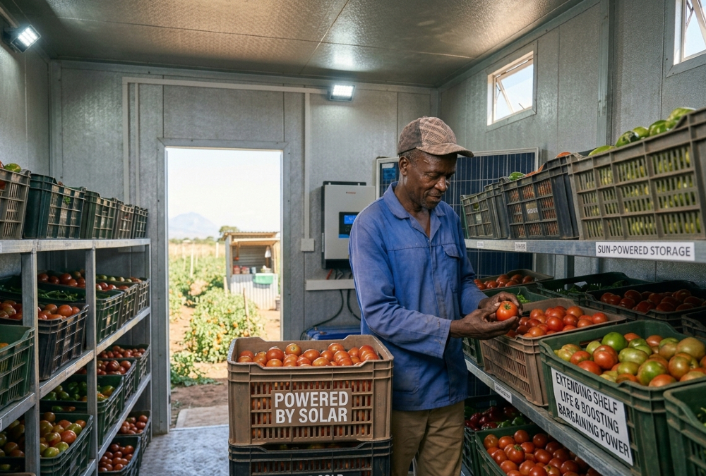 African farmer inspecting tomatoes inside a solar cold room, extending shelf life and improving market bargaining power