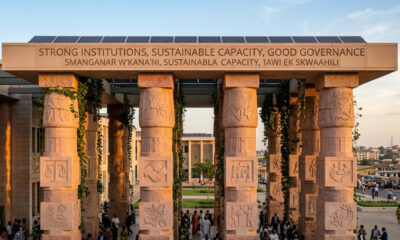 Stone pillars representing robust democratic institutions in Africa supporting sustainable state capacity and governance.