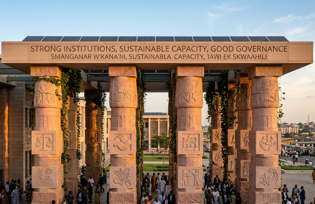 Stone pillars representing robust democratic institutions in Africa supporting sustainable state capacity and governance.